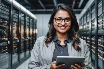 A woman wearing glasses and a gray jacket is holding a tablet in server room or data center. She is smiling and she is happy and looking at camera