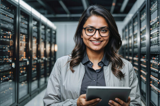 A woman wearing glasses and a gray jacket is holding a tablet in server room or data center. She is smiling and she is happy and looking at camera