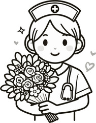 Nurse cartoon holds flowers wearing cap with stethoscope and hearts around her