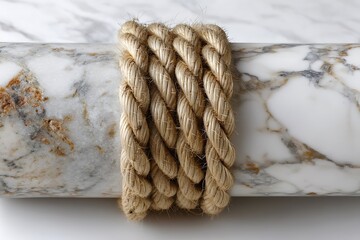 a frayed rope tied tightly around a smooth marble pillar, stretched to its breaking point, every fiber straining visibly, frozen in a tension-filled moment against a pure