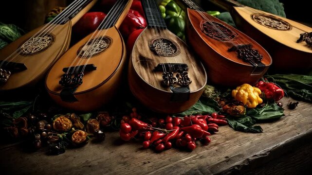 Still life of lutes with ornamental sound holes and fresh vegetables on a rustic wooden surface in dim lighting.