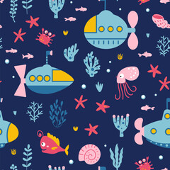 Submarines under water seamless pattern