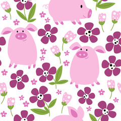 Pigs and flowers seamless pattern