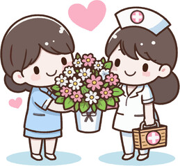 Two cartoon nurses holding flowers and a first aid kit stand under heart symbols