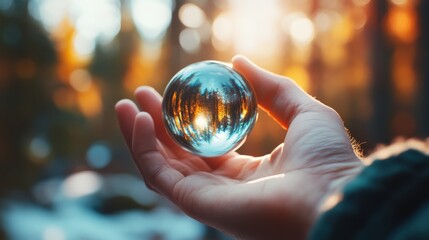 A hand holding a crystal sphere that reflects the surrounding forest, capturing the essence of nature's beauty and tranquility in a single mesmerizing image.