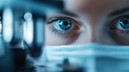 A close view of a person's eye intensely focused on a microscope suggests dedication and professionalism in scientific research and medical fields, reflecting curiosity and exploration.