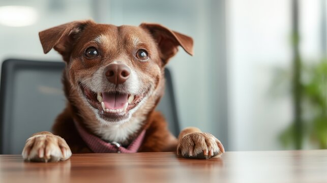 A joyful dog with a bright smile rests its paws on an office table, capturing the essence of companionship and the positive vibe pets bring to any work setting.