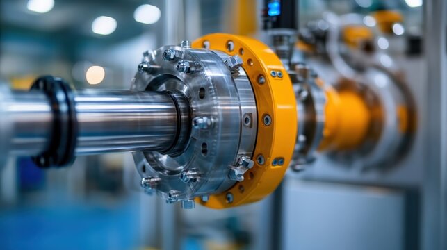 A detailed close-up of a shiny industrial machine component showcases the precision engineering and mechanical beauty, reflecting modern technology and innovation in design.