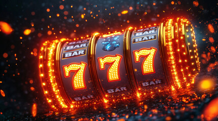 Abstract casino slot machine background. Colourful online casino banner 777 big winning symbol of gold jackpot, casino bar celebration light graphic. Entertainment leisure concept 3d digital artwork