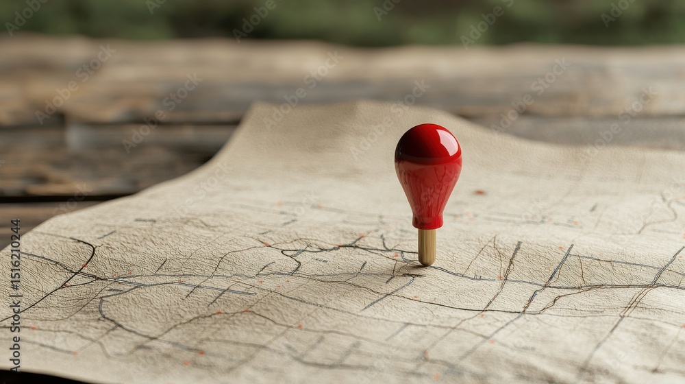 Poster red marker on old map indicating location in nature setting