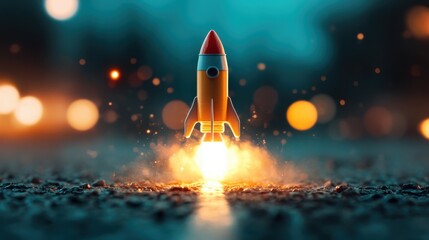 Fototapeta premium A delightful wooden toy rocket is caught mid-launch, surrounded by a dynamic blur of colors, representing imagination and adventure in a child's world.