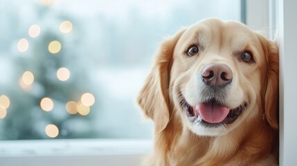 A lovely golden retriever sits contentedly by the window, radiating happiness and warmth as it looks at the viewer with soulful eyes and a playful smile.