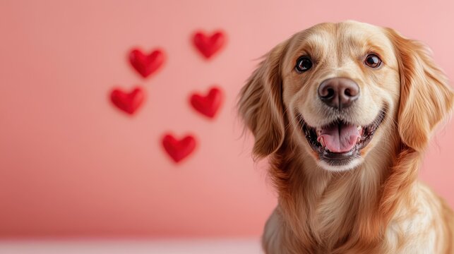 A joyful golden retriever radiates love and happiness, posing in front of heart decorations, making it perfect for celebrating affection and sweet moments in life.