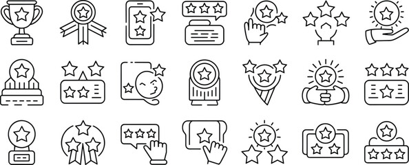 20 Unique Star Rating and Award Icons for Feedback, Reviews, Achievements, Web, App, UI/UX, Business, Trophy, Ribbon, Rating System flat vector illustration