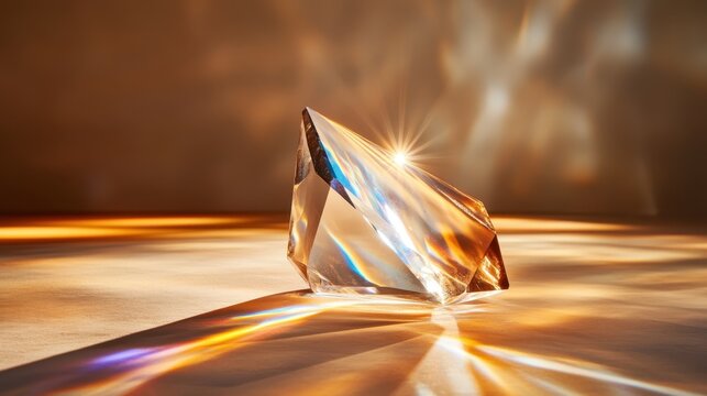 A beautifully captured clear crystal reflecting vibrant light beams and colors on a smooth surface, showcasing the mesmerizing capabilities of light and transparency, embodying purity.