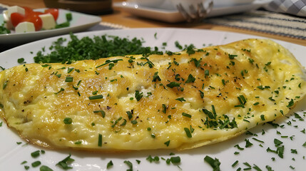 Delicious fluffy omelette with fresh herbs and shredded cheese served on an elegant white plate in soft lighting on dark background, Generative AI