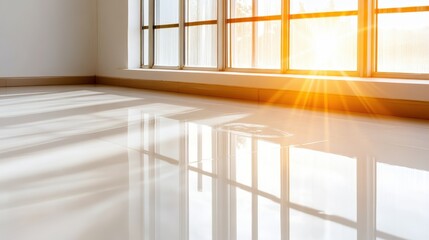 A bright, sunlit interior with sleek polished floors and large windows reflects warm, golden rays, creating an inviting, serene atmosphere ideal for relaxation and inspiration.