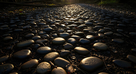 Sunlit Path Paved With River Rocks Illuminating Evening Nature Scenery