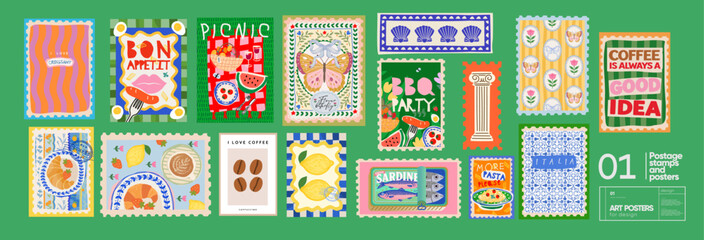 Fototapeta na wymiar Italian and French summer Mediterranean postage stamps. Vector illustration of coffee, picnic, canned sardine, croissant, coffee beans, fish, lemon, pasta, shell, barbecue, cameo pattern, blue tile