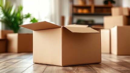 An open cardboard box sits in a well-lit room filled with other packed boxes, suggesting a moving or unpacking scenario. The ambiance feels warm and inviting.