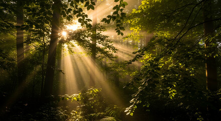 Fototapeta premium Sunlight Streaming Through Majestic Trees In A Verdant Woodland Landscape