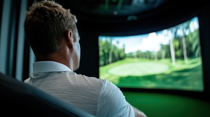 A man sits in a modern room, engaged in a virtual golf simulation, showcasing the blend of technology and sport in an intimate and enjoyable setting.