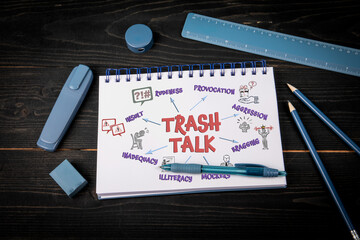 Trash Talk Concept on Notebook with Keywords and Office Supplies on Dark Desk