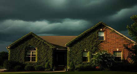 Obraz premium Dramatic Sky Over Idyllic Home Partially Covered With Climbing Vines