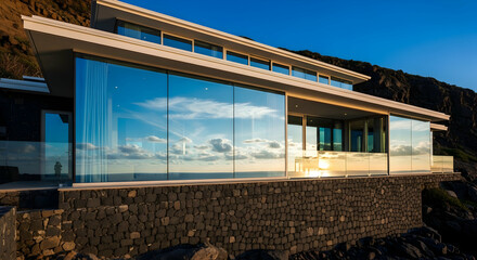 Fototapeta premium Modern Architecture And Panoramic View From Exclusive Cliffside Villa Residence