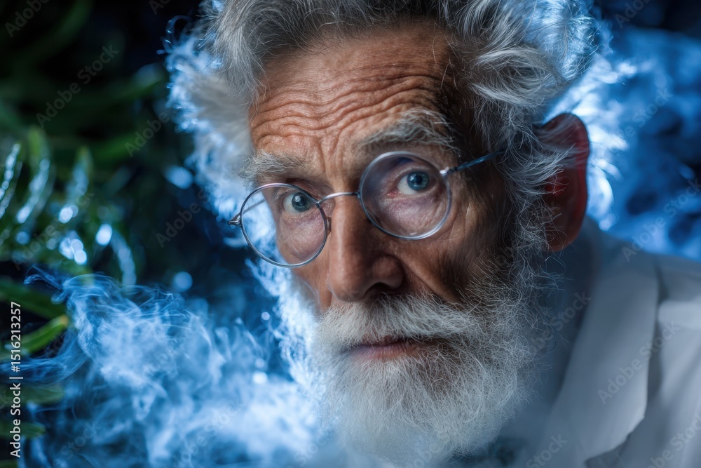 Poster elderly scientist observing glowing experiment in a laboratory with mysterious atmosphere