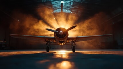 A vintage airplane stands dramatically lit in a hangar with smoke swirling around, creating an atmospheric scene that evokes nostalgia and a sense of adventure.