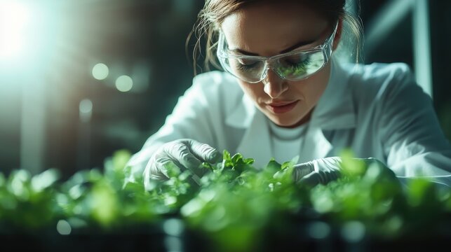 A focused scientist in a lab examines and nurtures vibrant green plants, portraying dedication to research and the significance of science in understanding nature and growth.