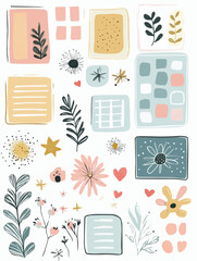 Decorative habit tracker vector set with pastel boxes, check grids and floral accents, designed in hand-drawn style, perfect for planners, journaling and wellness printables