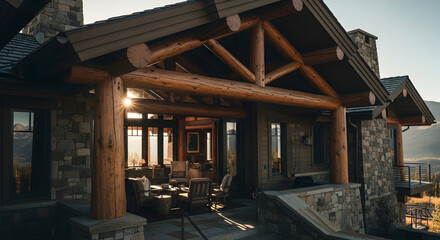 Exclusive Rustic Mountain Home Exterior with Log Beam Structure During Sunset