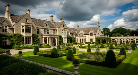 Fototapeta premium Grand Estate With Formal Gardens Under A Cloudy Sky