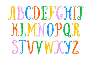 English alphabet hand drawn with childrens crayons pencils with textured effect. Kids font with chalk texture. Vector ABC for educational banners, school, kindergarten