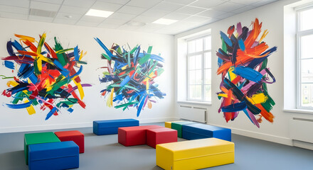 Modern School Art With Bright Color Stains On The White Walls