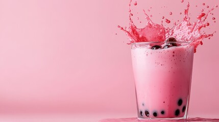 A refreshing boba drink creates a dynamic splash, showcasing its vibrant color and texture, brilliantly capturing the joy of enjoying a sweet beverage.
