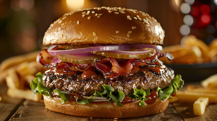 A delicious burger featuring a juicy patty, fresh lettuce, onions, and a special sauce, all nestled between a soft bun, Generative AI