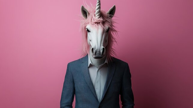 A whimsical portrayal of a man wearing a unicorn mask, dressed in a suit against a vibrant pink background, showcasing a blend of fantasy and modern fashion. - Powered by Adobe