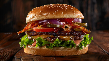 A delicious burger featuring a juicy patty, fresh lettuce, onions, and a special sauce, all nestled between a soft bun, Generative AI