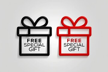 Two gift boxes announcing free special gift offers on a light background, gift, present, box, free, special, offer, promotion, sale, bonus, reward, giveaway, announcement, red, black, white, isolated,