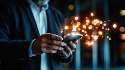 A businessman in a formal suit interacts with his smartphone, surrounded by sparkling effects that emphasize technology's pervasive impact in modern communication and connection.