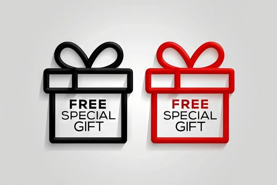 Two gift boxes announcing free special gift offers on a light background, gift, present, box, free, special, offer, promotion, sale, bonus, reward, giveaway, announcement, red, black, white, isolated,