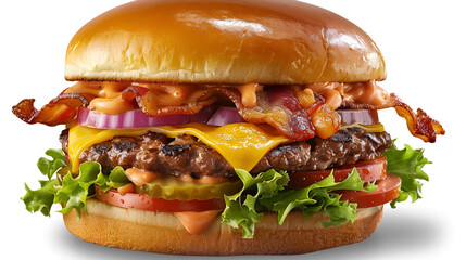 A delicious burger featuring a juicy patty, fresh lettuce, onions, and a special sauce, all nestled between a soft bun, Generative AI