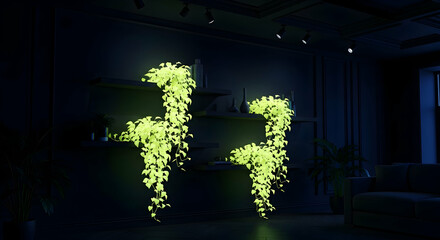 Obraz premium Glowing Pothos Plants Enhancing Dark Interior With Shelves And Atmospheric Lighting
