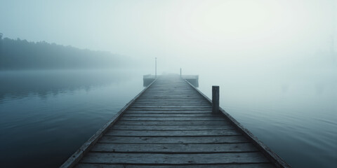 Naklejka premium Tranquil lake pier in morning fog Mindfulness and meditation concept Tranquil lake pier extending into misty waters, foggy early morning