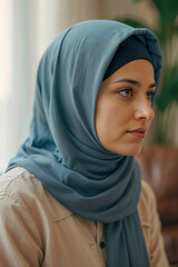 Fototapeta premium Portrait of beautiful Arab woman in hijab in living room