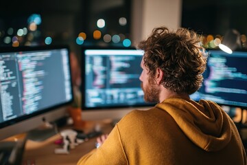 Developer focuses on coding late at night in a well-lit workspace with multiple monitors