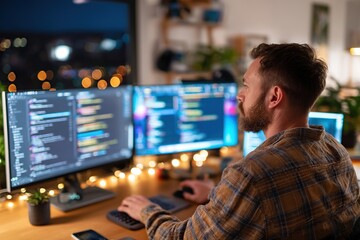 Developer working late at a desk illuminated by multiple computer screens in a cozy environment